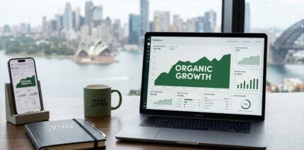 Professional Technical SEO dashboard showing a 210% increase in organic search growth for an e-commerce store, featuring WhatLetter branded stationery and a Sydney Opera House reflection.